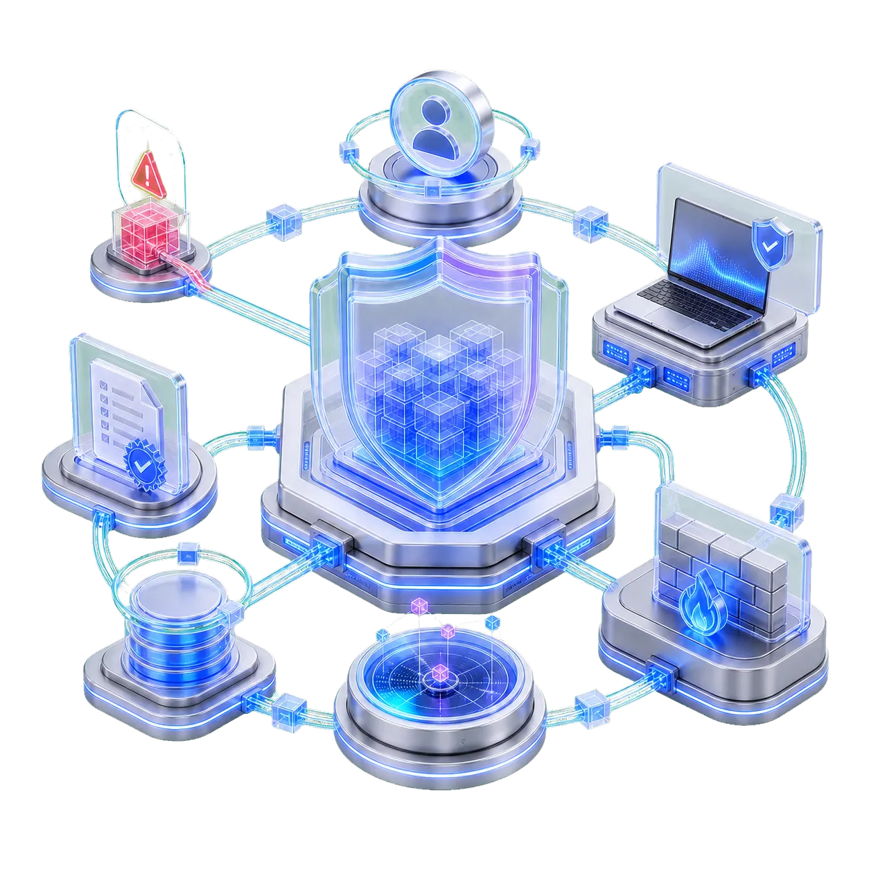 Visual 3D de ciberseguridad con escudo, firewall, endpoint e identidad