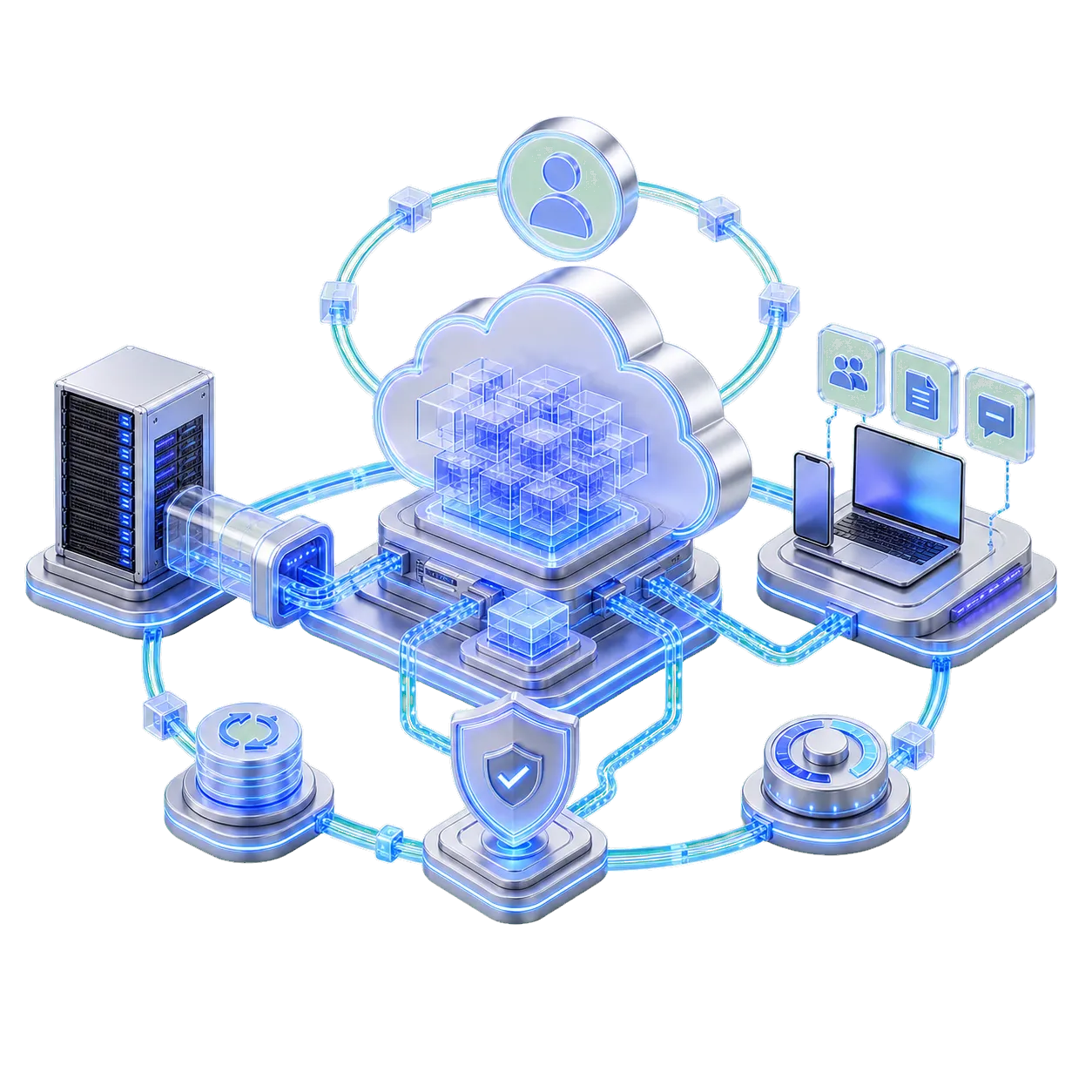 Visual 3D de nube empresarial con módulos de cómputo, datos y seguridad