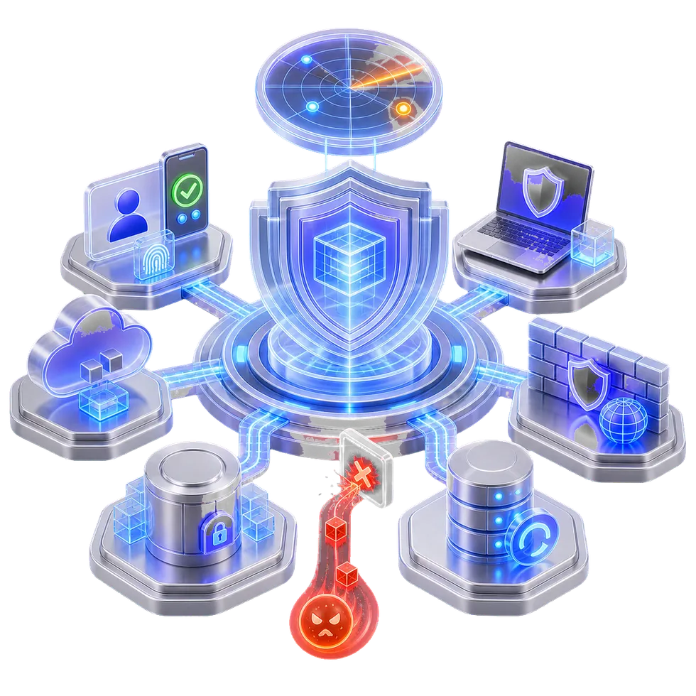 Controles conectados de ciberseguridad para identidad, endpoints, red, nube, datos y continuidad