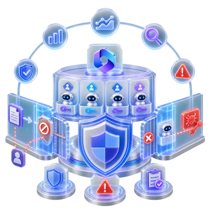 Seguridad para agentes de IA con inventario, identidad, DLP, protección en ejecución y auditoría