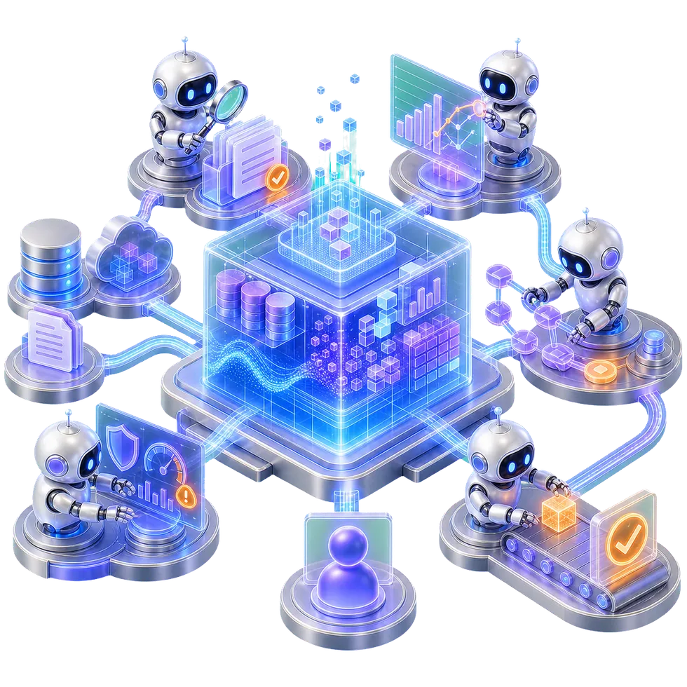 Agentes de inteligencia artificial investigando, analizando, supervisando y automatizando tareas con datos conectados