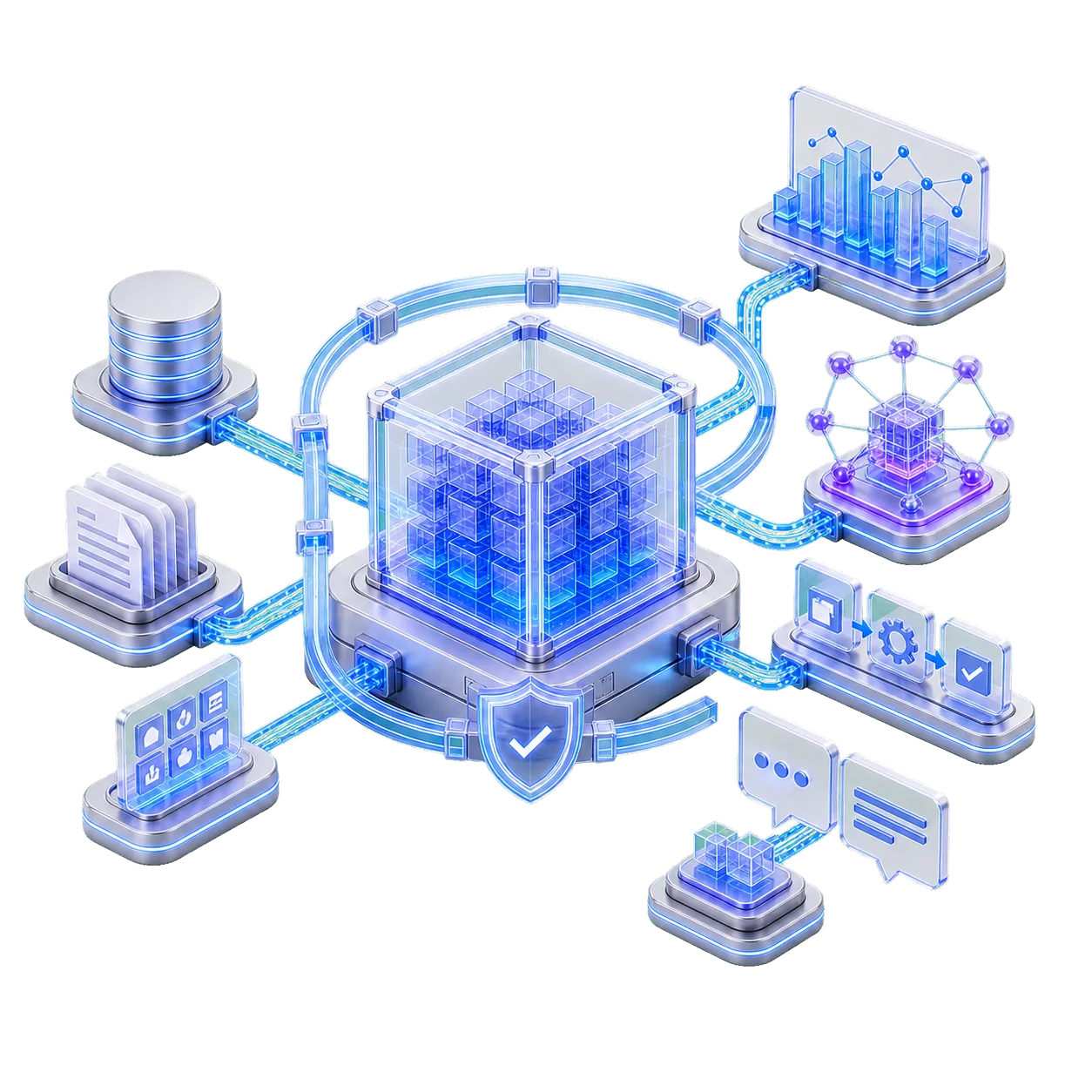 Visual 3D de datos e inteligencia artificial con analítica, automatización y grafo de conocimiento