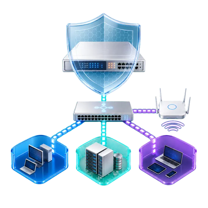 Firewall, switching, Wi-Fi y segmentos de red protegidos y separados