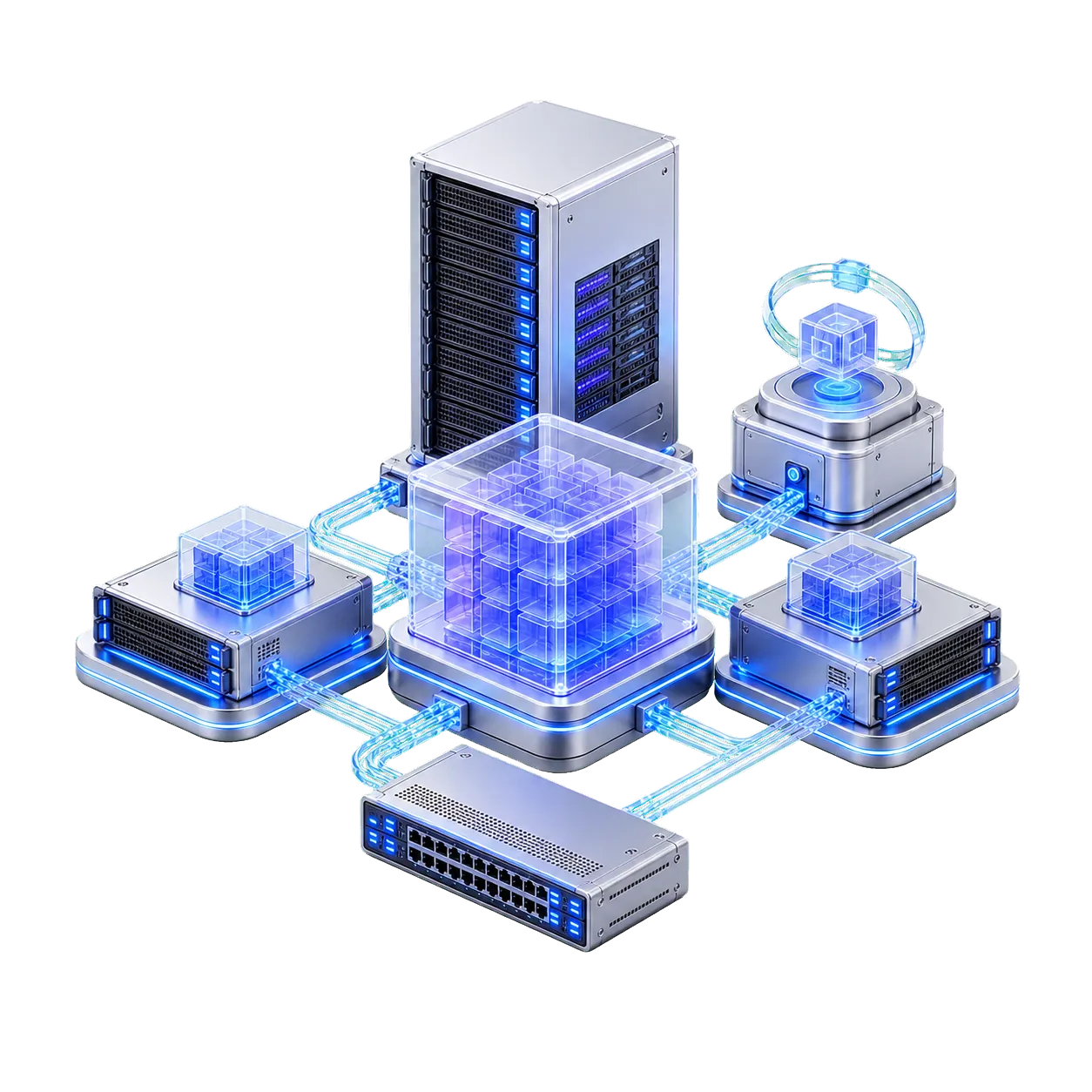 Visual 3D de infraestructura empresarial con servidores, storage y red