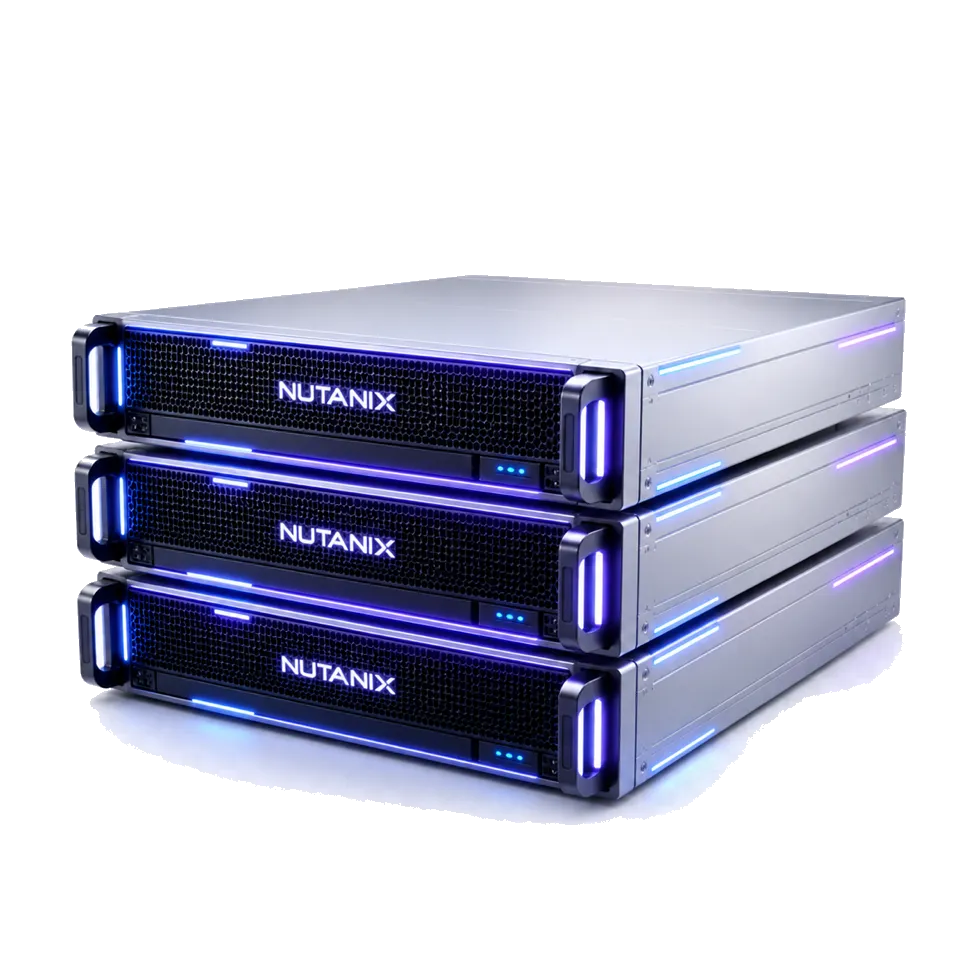 Infraestructura hiperconvergente Nutanix con servidores iluminados en azul y violeta