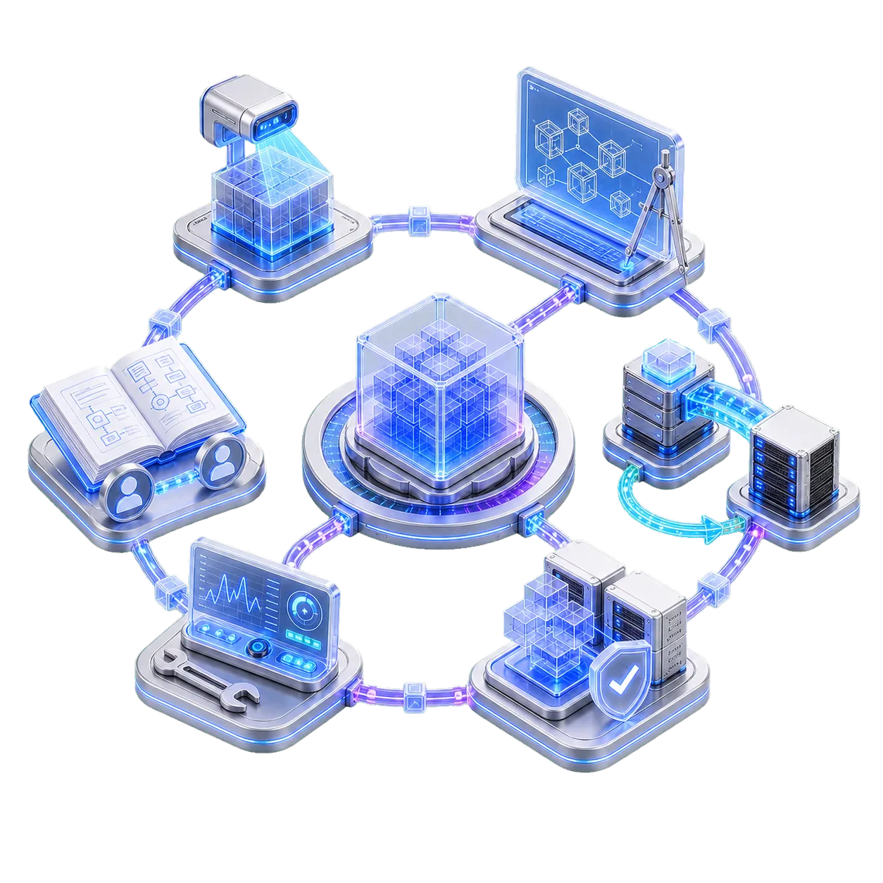 Visual 3D de servicios profesionales con assessment, diseño, migración, implementación y transferencia